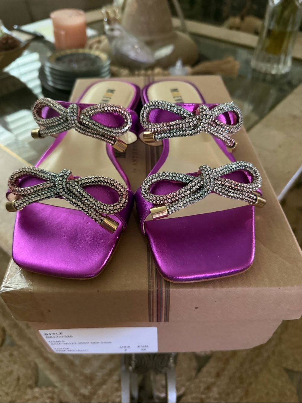 Maeve Anthropologie pink metallic Fuchsia look Crystal Bow Slide Sandals. EUR 6